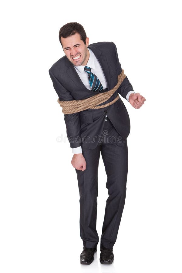 Businessman tied up in rope. Isolated on white. Businessman tied up in rope. Isolated on white