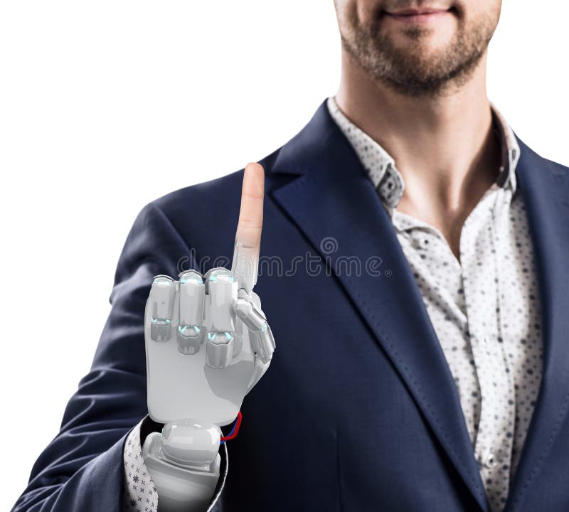 Homme d'affaires avec la main robotique Concept de prothèse rendu 3d images stock Homme d'affaires avec la main robotique Concept de prothèse rendu 3d images stock