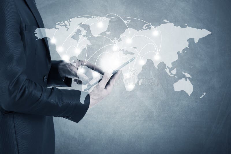 Homme d'affaires avec les connexions globales image stock Homme d'affaires avec les connexions globales image stock