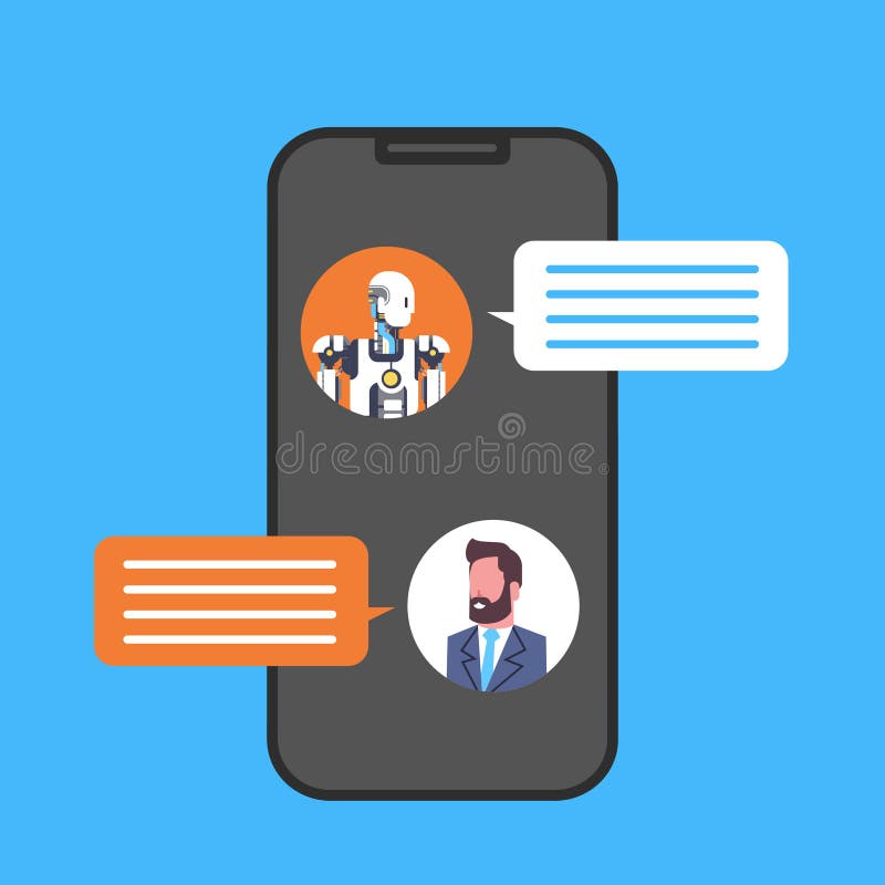 Homme d'affaires causant avec le service de Chatbot utilisant l'icône futée de téléphone de cellules illustration libre de droits Homme d'affaires causant avec le service de Chatbot utilisant l'icône futée de téléphone de cellules illustration libre de droits