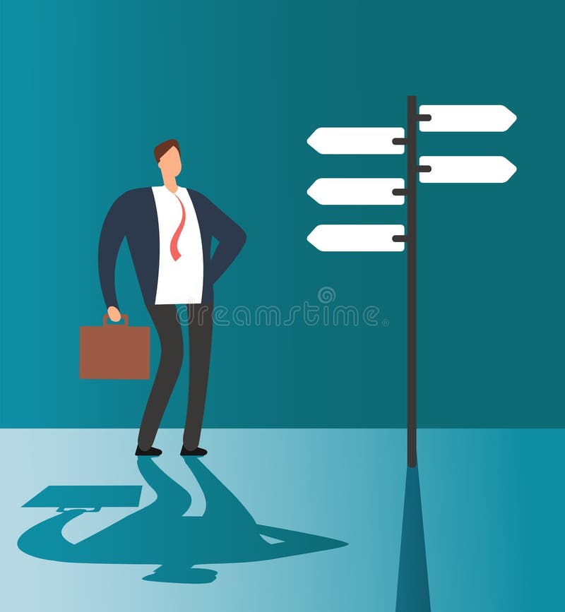 Homme d'affaires confus pensant et faisant le choix au panneau routier Opportunité commerciale et concept de vecteur de solution illustration libre de droits Homme d'affaires confus pensant et faisant le choix au panneau routier Opportunité commerciale et concept de vecteur de solution illustration libre de droits