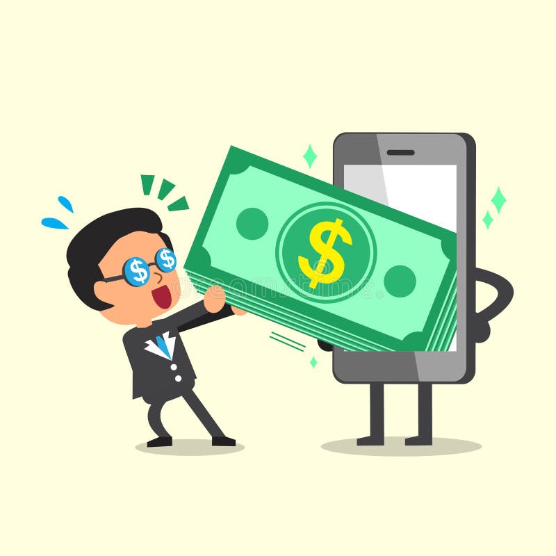Homme d'affaires de bande dessinée tirant la pile d'argent du smartphone illustration de vecteur Homme d'affaires de bande dessinée tirant la pile d'argent du smartphone illustration de vecteur