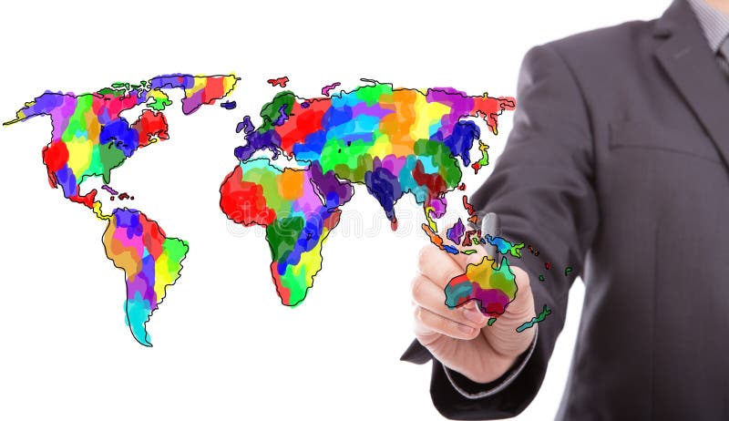 Homme d'affaires dessinant la carte colorée du monde photographie stock Homme d'affaires dessinant la carte colorée du monde photographie stock