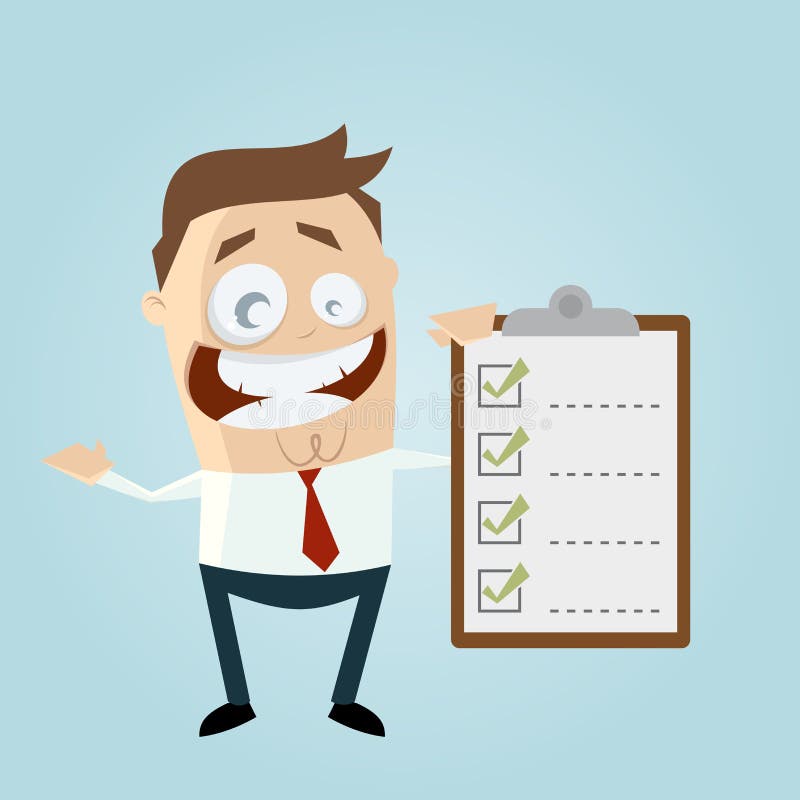 Homme d'affaires drôle avec la liste de contrôle illustration stock Homme d'affaires drôle avec la liste de contrôle illustration stock