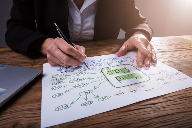 Personne d'affaires dessinant une carte mentale image libre de droits