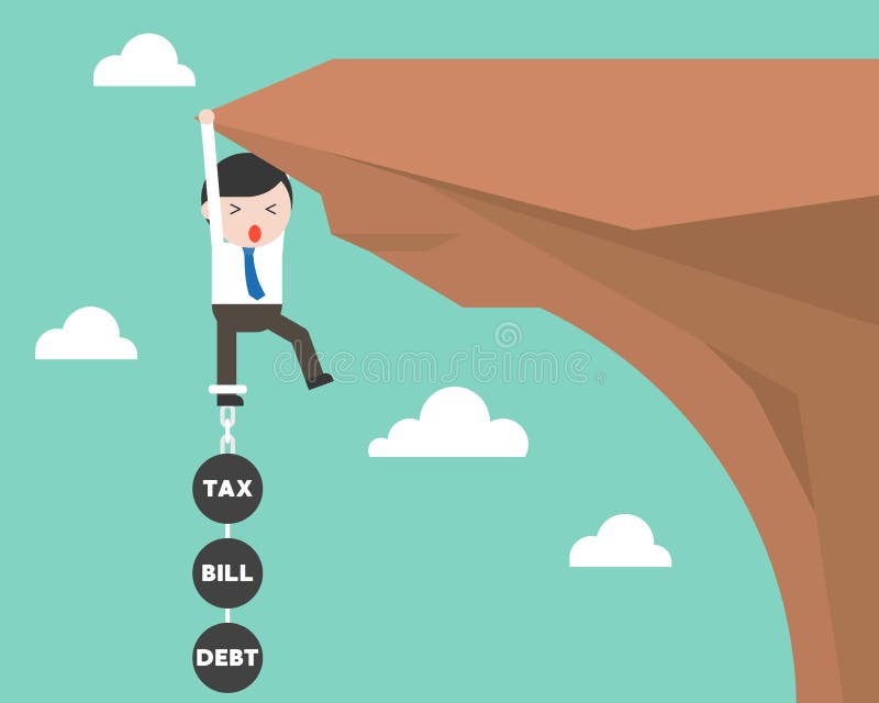 Businessman chained with iron ball hanging on cliff, burden from tax vector, bill and debt concept. Businessman chained with iron ball hanging on cliff, burden from tax vector, bill and debt concept