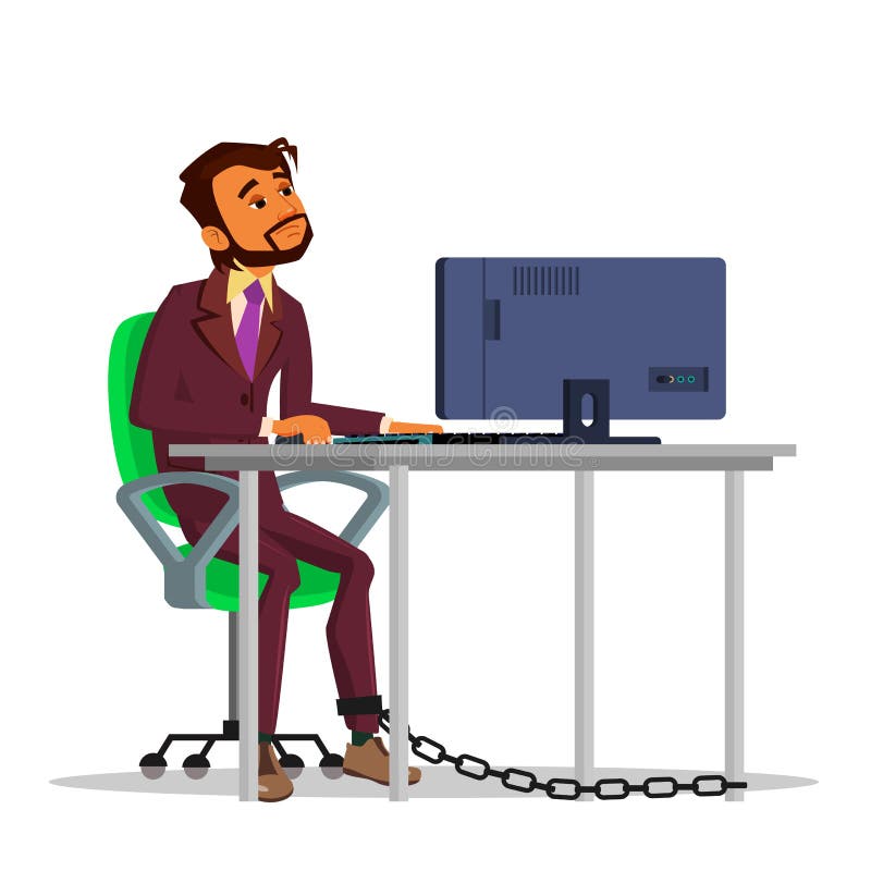 Indian Chained Businessman Working On Laptop At Table Vector Cartoon Illustration. Indian Chained Businessman Working On Laptop At Table Vector Cartoon Illustration