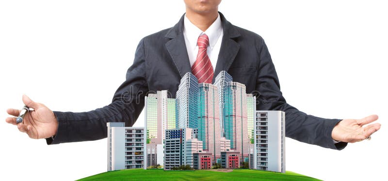 File of business man and modern building on green grass field use for land management theme. File of business man and modern building on green grass field use for land management theme