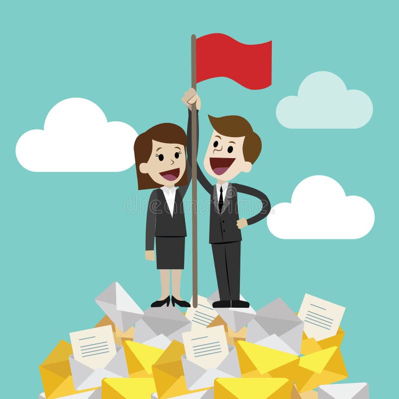 Homme d'affaires et femme d'affaires se tenant sur une pile énorme de tour de messages ou d'emails et remettant l'alerte Le trava illustration stock Homme d'affaires et femme d'affaires se tenant sur une pile énorme de tour de messages ou d'emails et remettant l'alerte Le trava illustration stock