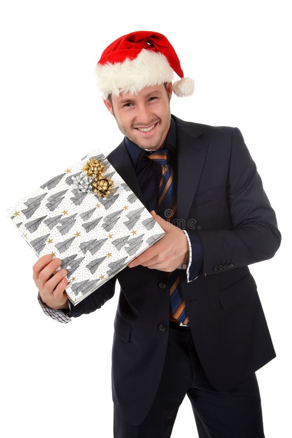 Homme d'affaires heureux avec le chapeau de Santa, cadeau images stock Homme d'affaires heureux avec le chapeau de Santa, cadeau images stock