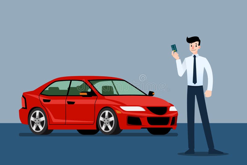 Homme d'affaires heureux, support de vendeur et tenir la carte de crédit devant la voiture de luxe que stationnement dans la gran illustration stock Homme d'affaires heureux, support de vendeur et tenir la carte de crédit devant la voiture de luxe que stationnement dans la gran illustration stock