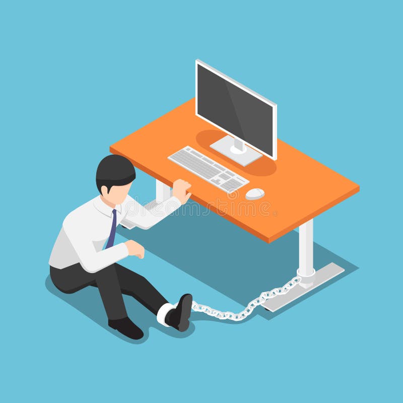 Flat 3d isometric businessman chained to the desk. Hard Working concept. Flat 3d isometric businessman chained to the desk. Hard Working concept.