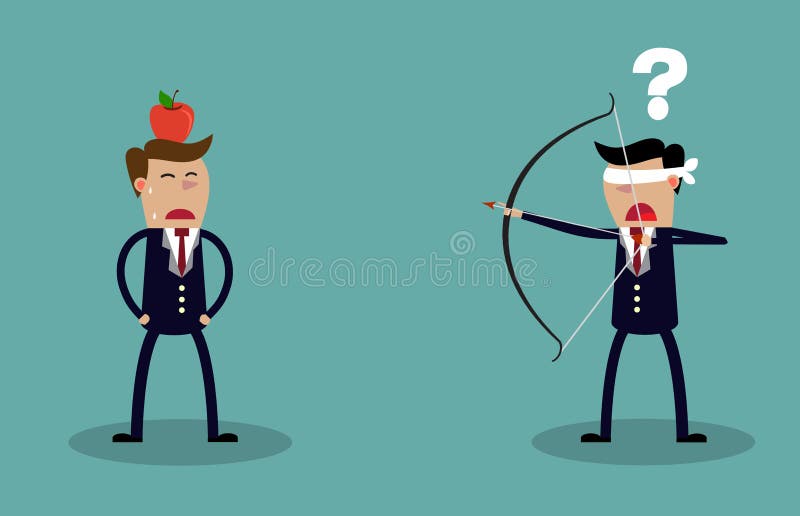 Homme d'affaires les yeux bandés visant à tirer à la pomme illustration libre de droits Homme d'affaires les yeux bandés visant à tirer à la pomme illustration libre de droits