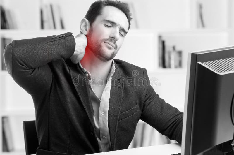 Casual businessman sitting in a desk with pain in his neck, black and white, red dot around painful area. Casual businessman sitting in a desk with pain in his neck, black and white, red dot around painful area