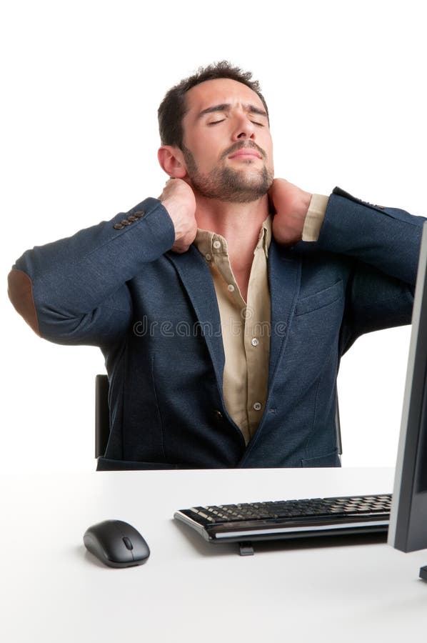 Casual businessman sitting in a desk with pain in his neck, isolated in white. Casual businessman sitting in a desk with pain in his neck, isolated in white