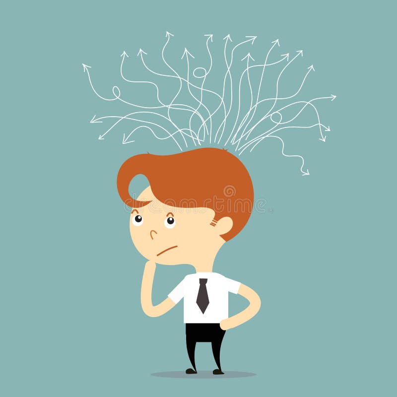 Homme d'affaires pensant pour la solution avec le vecteur blanc de flèche illustration stock Homme d'affaires pensant pour la solution avec le vecteur blanc de flèche illustration stock