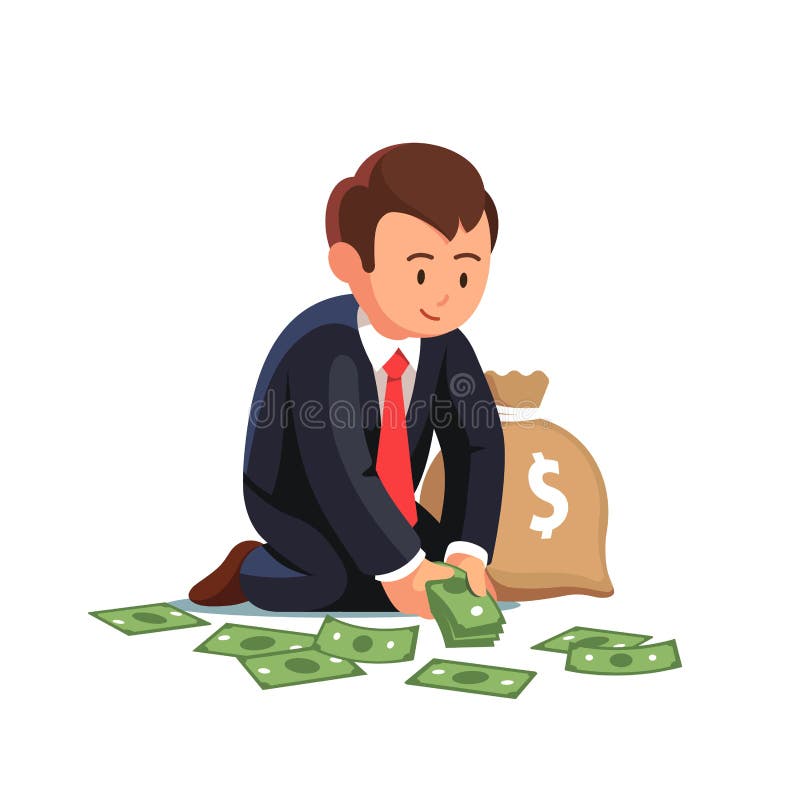 Homme d'affaires s'asseyant rassemblant l'argent liquide du plancher illustration stock