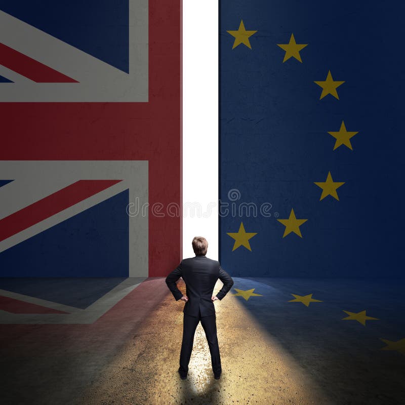 Businessman standing in front of a wall with the union jack and the eu flag and a portal. Businessman standing in front of a wall with the union jack and the eu flag and a portal