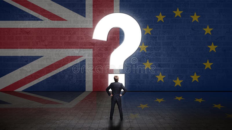 Businessman standing in front of a wall with the union jack and the eu flag and a portal in shape of a question-mark. Businessman standing in front of a wall with the union jack and the eu flag and a portal in shape of a question-mark