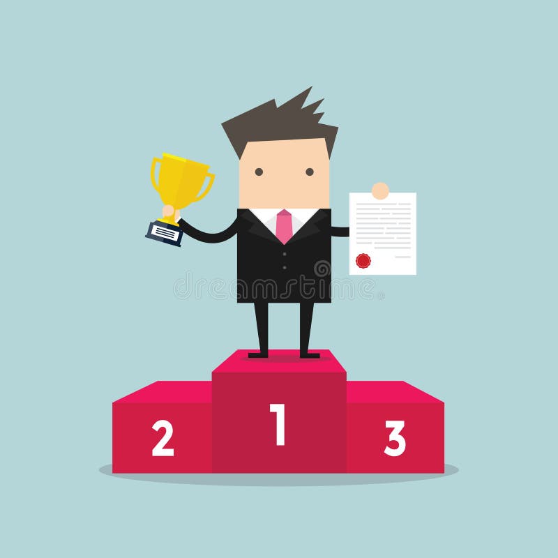 Homme d'affaires se tenant fièrement sur le podium de gain illustration stock Homme d'affaires se tenant fièrement sur le podium de gain illustration stock