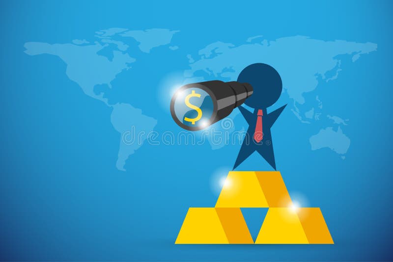 Homme d'affaires tenant le télescope avec le symbole du dollar et le support sur des barres d'or, la vision et le concept d'affai illustration libre de droits Homme d'affaires tenant le télescope avec le symbole du dollar et le support sur des barres d'or, la vision et le concept d'affai illustration libre de droits