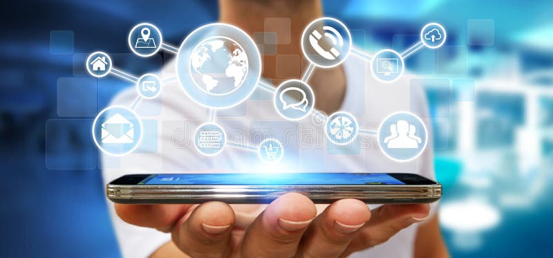 Homme d'affaires utilisant le réseau numérique de Web avec des icônes de Web illustration de vecteur Homme d'affaires utilisant le réseau numérique de Web avec des icônes de Web illustration de vecteur