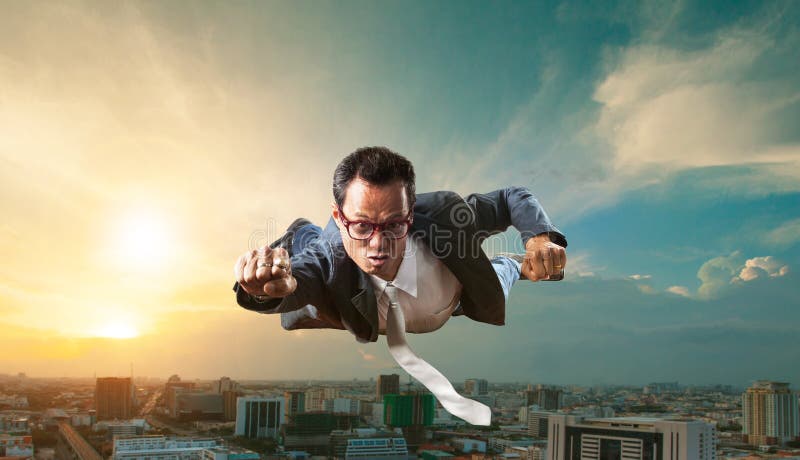 Homme d'affaires volant au-dessus du gratte-ciel pour des affaires réussies et image libre de droits Homme d'affaires volant au-dessus du gratte-ciel pour des affaires réussies et image libre de droits