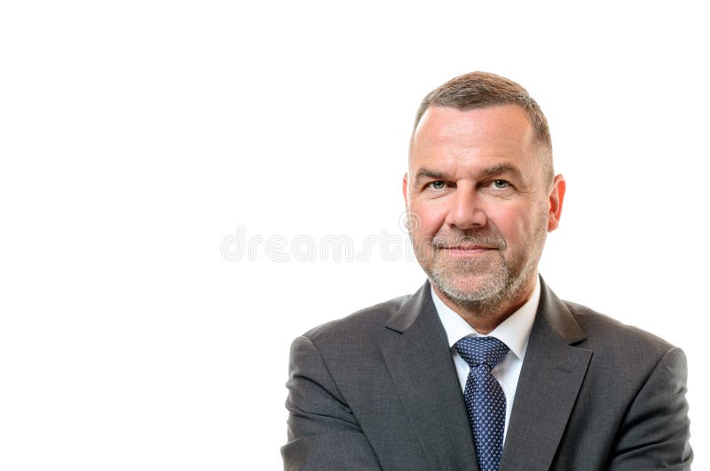 Stylish middle-aged businessman with a short stubbly beard and a friendly smile in a head and shoulders portrait isolated on white. Stylish middle-aged businessman with a short stubbly beard and a friendly smile in a head and shoulders portrait isolated on white