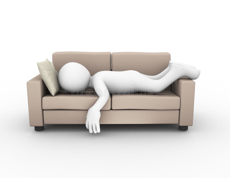 3d rendering of tired and exhausted man sleeping on comfortable sofa. 3d white person man. 3d rendering of tired and exhausted man sleeping on comfortable sofa. 3d white person man