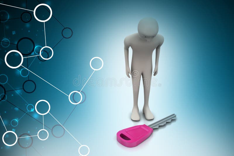 3d man looking the key in color background. 3d man looking the key in color background