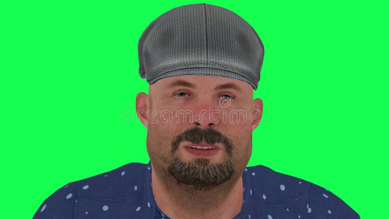 Homme d'âge moyen aux yeux de couleur parlante en chapeau gris et chemise bleue sur écran vert illustration libre de droits
