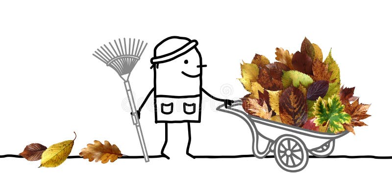 Homme de bande dessinée avec la grande pile d'Autumn Leaves dans la brouette