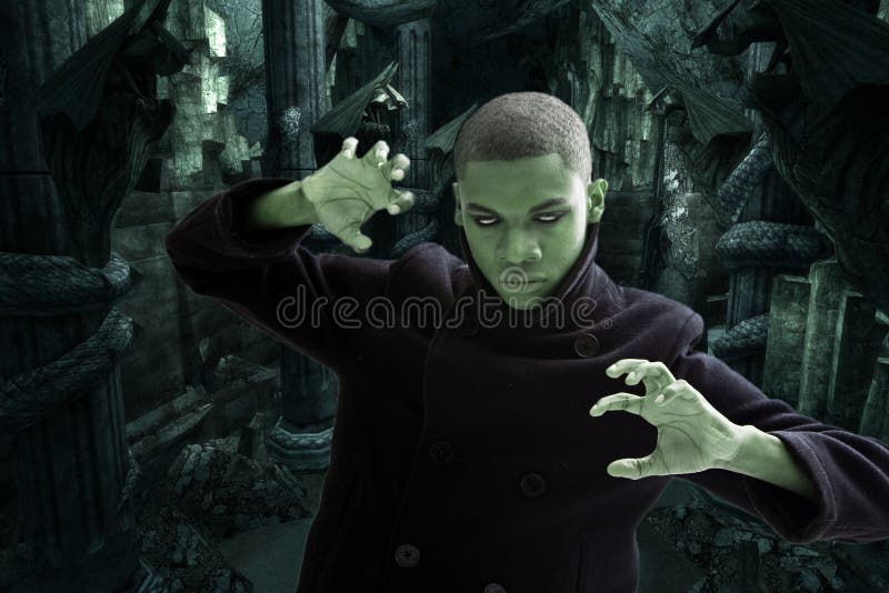 Green man with smokey white eyes, strong expression and black coat in dungeon hall way, isolated. Green man with smokey white eyes, strong expression and black coat in dungeon hall way, isolated