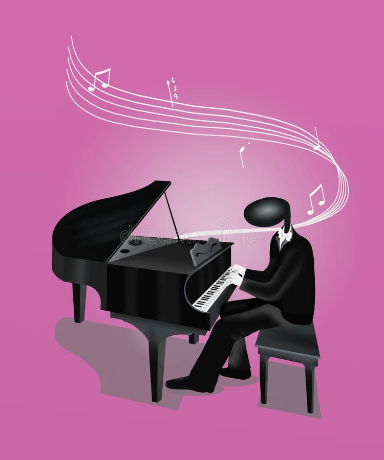 Homme de pianiste jouant le piano avec les notes musicales et le S illustration stock Homme de pianiste jouant le piano avec les notes musicales et le S illustration stock