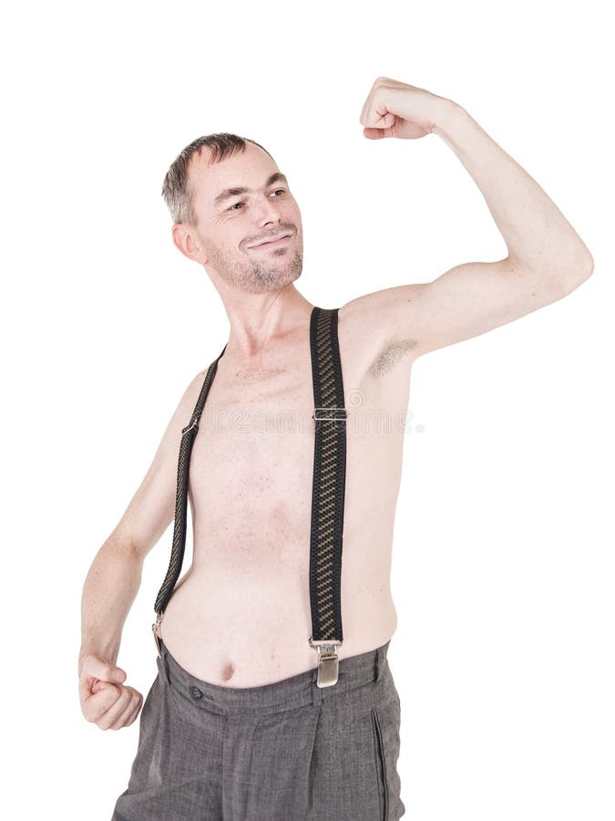 Homme drôle de ballot montrant ses muscles d'isolement images libres de droits Homme drôle de ballot montrant ses muscles d'isolement images libres de droits