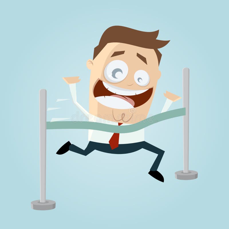 Homme drôle de bande dessinée atteignant la ligne d'arrivée illustration stock Homme drôle de bande dessinée atteignant la ligne d'arrivée illustration stock