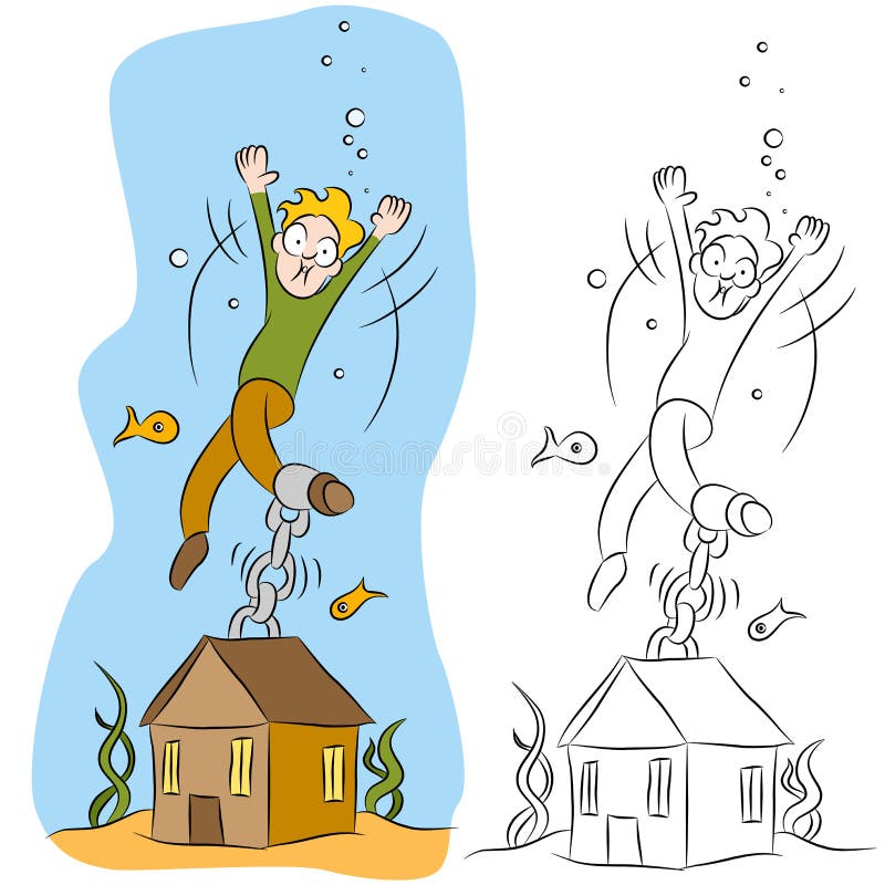 An image of a man chained to his house underwater. An image of a man chained to his house underwater.