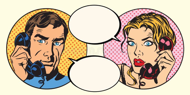 Homme et femme de couples de vintage parlant au téléphone illustration de vecteur