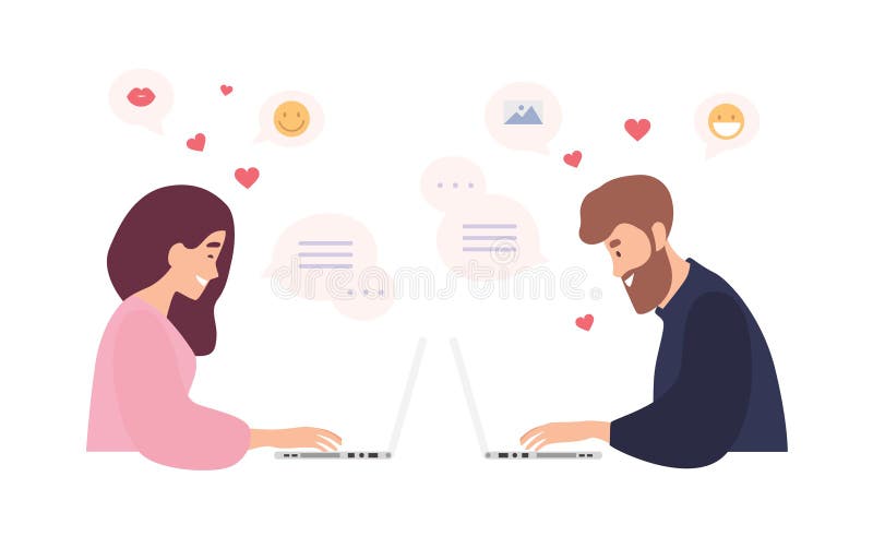Homme et femme s'asseyant aux ordinateurs portables, utilisant dater le site Web et la causerie Couples romantiques ayant la conv illustration stock