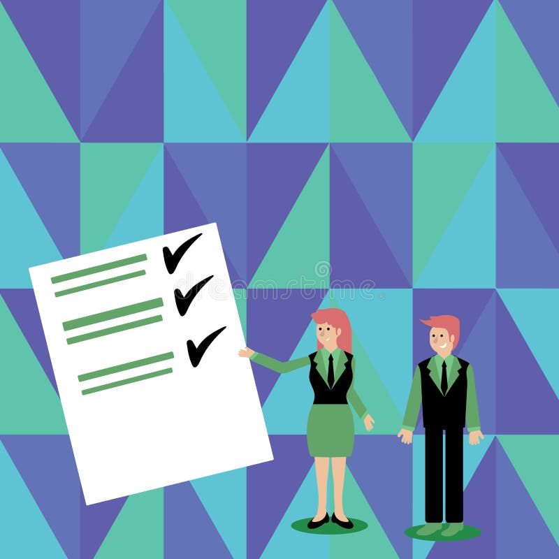 Homme et femme sûrs dans le costume tenant, faisant des gestes et présentant le rapport de données sur le conseil de couleur créa illustration libre de droits Homme et femme sûrs dans le costume tenant, faisant des gestes et présentant le rapport de données sur le conseil de couleur créa illustration libre de droits