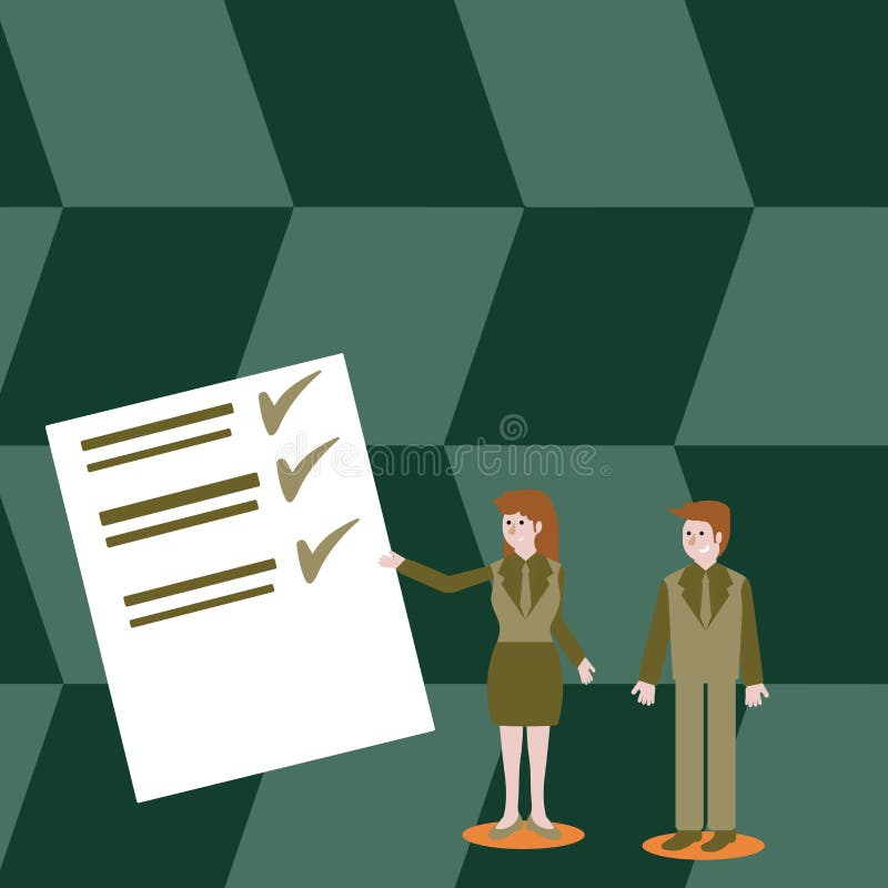 Homme et femme sûrs dans le costume tenant, faisant des gestes et présentant le rapport de données sur le conseil de couleur créa illustration stock Homme et femme sûrs dans le costume tenant, faisant des gestes et présentant le rapport de données sur le conseil de couleur créa illustration stock