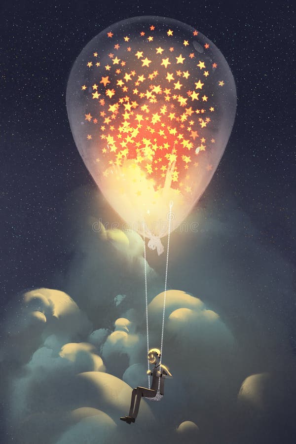Homme et grand ballon avec le flottement intérieur rougeoyant d'étoiles dans le ciel la nuit illustration libre de droits Homme et grand ballon avec le flottement intérieur rougeoyant d'étoiles dans le ciel la nuit illustration libre de droits