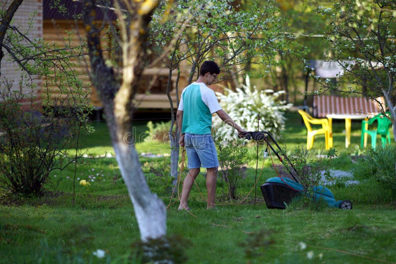 Homme fauchant la pelouse avec la tondeuse à gazon image libre de droits