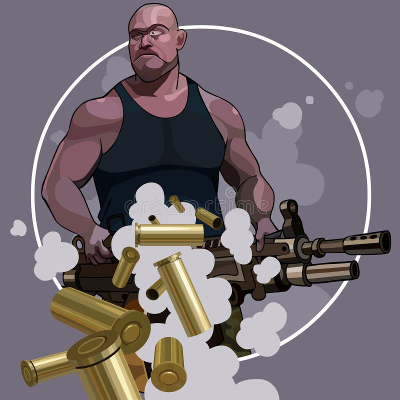 Homme fort de bande dessinée avec de grandes armes automatiques illustration de vecteur Homme fort de bande dessinée avec de grandes armes automatiques illustration de vecteur