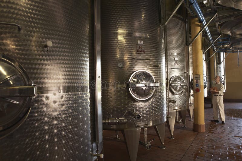 Homme inspectant des cuves de vin à l'intérieur d'établissement vinicole photo stock Homme inspectant des cuves de vin à l'intérieur d'établissement vinicole photo stock
