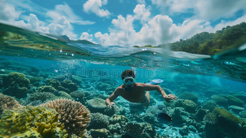 A man swimming in the ocean near a vibrant coral reef. The crystal-clear water allows for a close-up view of the diverse marine life below. AI generated. A man swimming in the ocean near a vibrant coral reef. The crystal-clear water allows for a close-up view of the diverse marine life below. AI generated