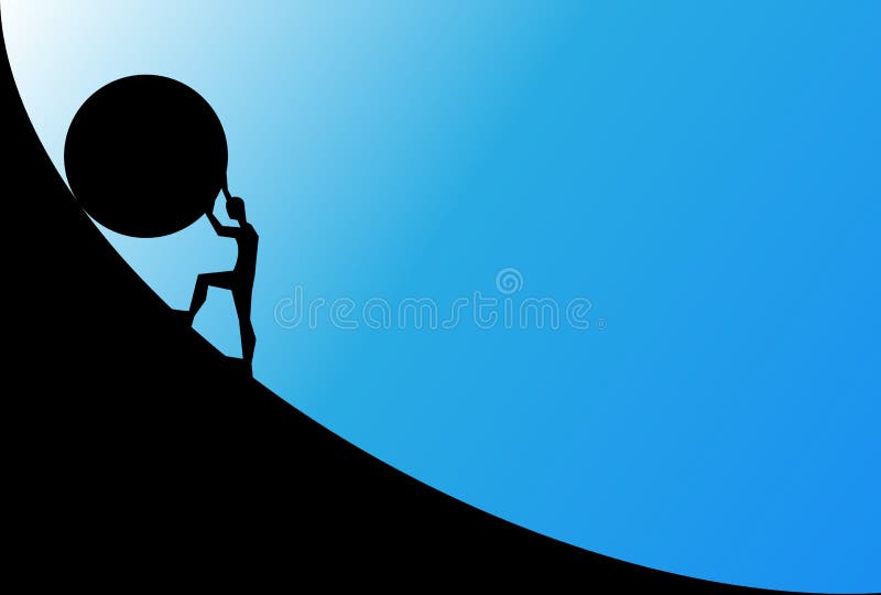 Homme poussant le grand rocher ascendant avec le ciel bleu Concept de fatigue, effort, courage Silhouette de noir de bande dessin