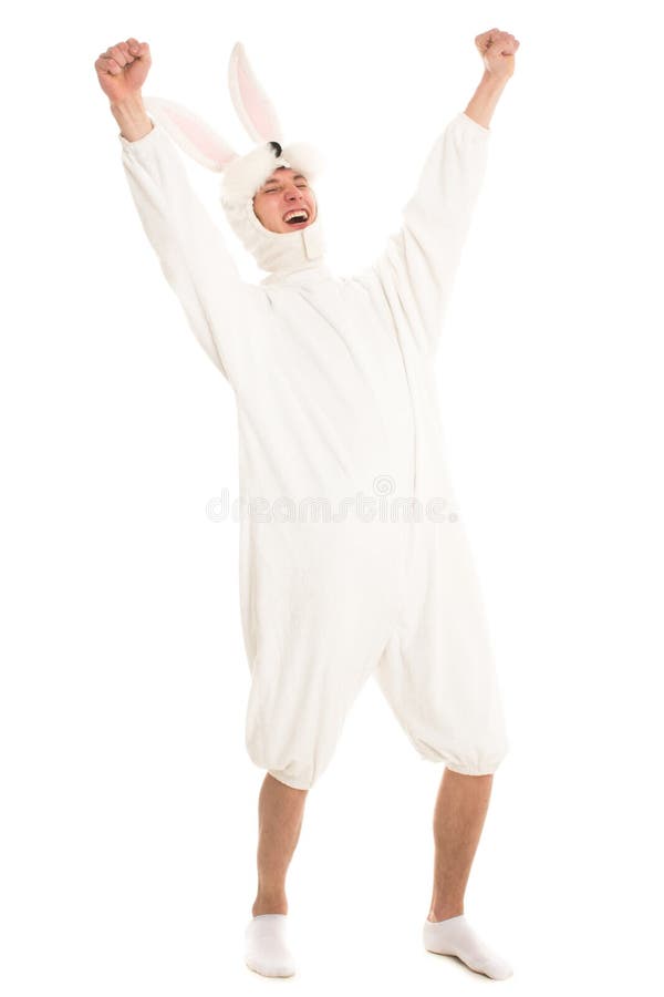 Homme Heureux Dans Un Costume De Lapin Avec Une Carotte Photo stock - Image  du amusement, oreille: 107495582