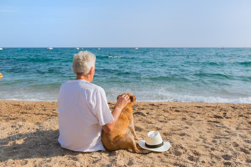 Homme supérieur avec le chien à la plage photographie stock Homme supérieur avec le chien à la plage photographie stock