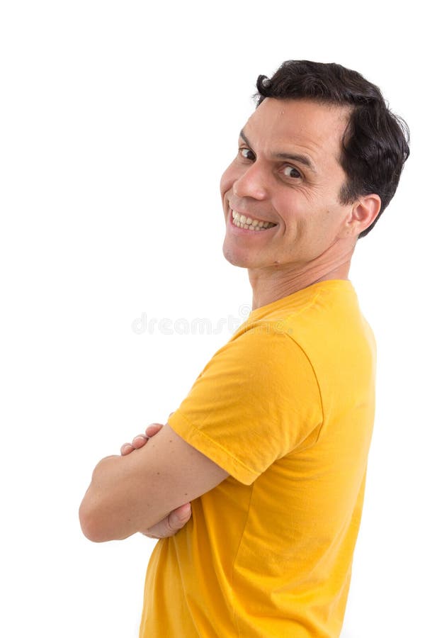 Homme sur le sien regards arrières de retour et sourires Il ` s sur ses pieds isolat image libre de droits Homme sur le sien regards arrières de retour et sourires Il ` s sur ses pieds isolat image libre de droits